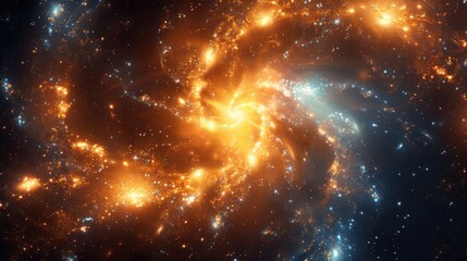 A vibrant cosmic scene depicting a swirling galaxy with bright stars and nebulae.