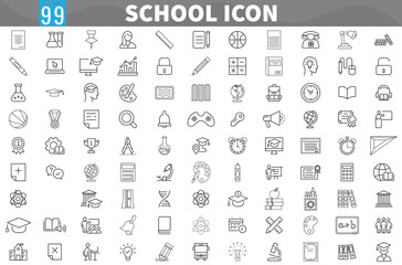 Education Flat Icons, School Elements Black Line Icon, Back to school icon set with 99 different vector icons related with education, success, academic subjects and more.
