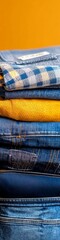 Colorful stack of folded jeans and shirts against a bright orange backdrop in a well-lit room