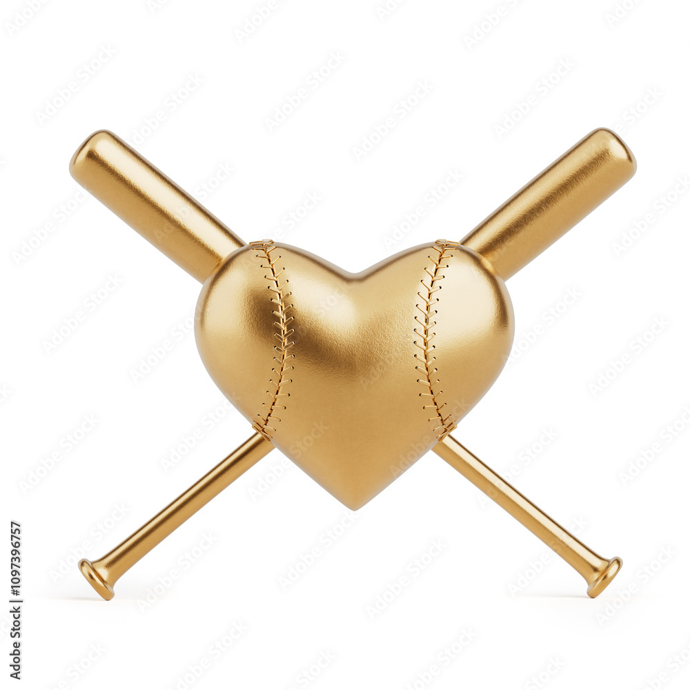 Poster golden baseball ball in shape of heart and golden bats. 3d rendering