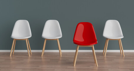Success Concept. Row of White Office Chairs with One Red Moving Forward. 3d Rendering