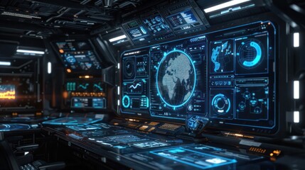 Fototapeta premium Futuristic control room with holographic displays and data visualizations.
