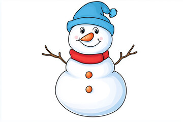 Illustration of a smiling snowman with a blue winter hat, red scarf, orange buttons, carrot nose, and stick arms, set against a clean white background
