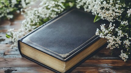 Fototapeta premium Antique Book Rests Amidst Delicate White Flowers
