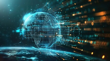 Obraz premium A digital representation of a globe surrounded by data streams, symbolizing technology and connectivity.