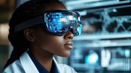 Close up of a young woman wearing a reflective VR headset immersed in a futuristic digital environment representing innovation interactivity and the potential of virtual reality