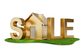 Real Estate Sale Concept. Golden Abstract House with Sale Sign over Green Grass Patch. 3d Rendering