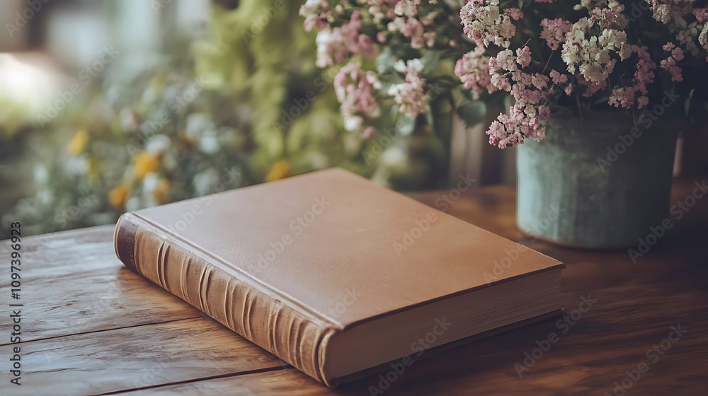 Sticker Book rests on wooden table beside flowers in vase