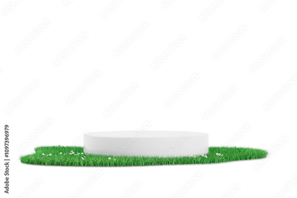 Poster white promotion product display podium with green grass patch. 3d rendering