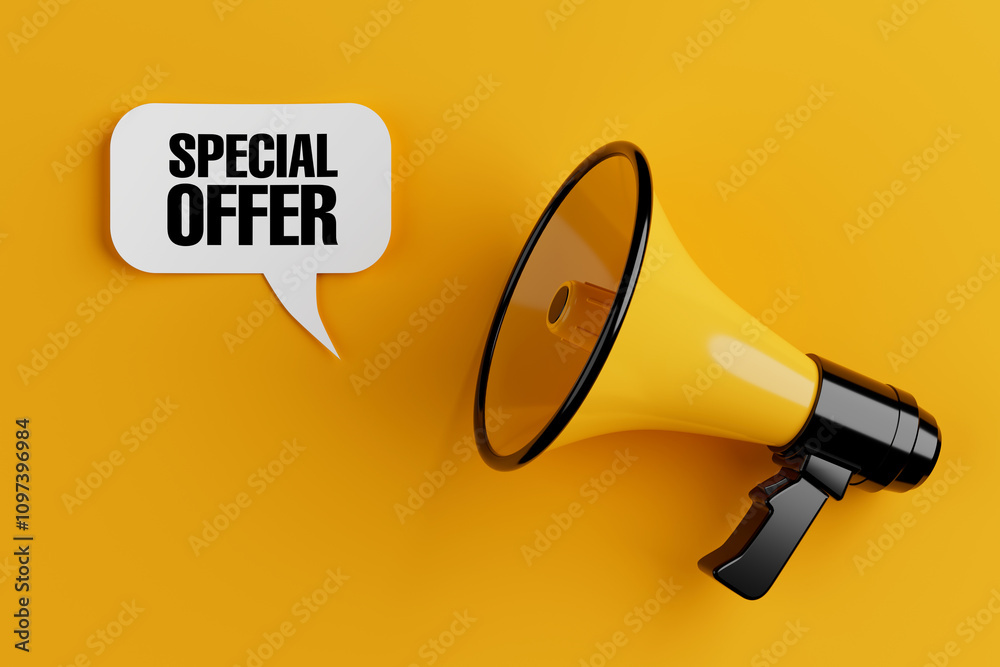 Poster yellow megaphone with special offer sign speech clouds chat bubble. 3d rendering