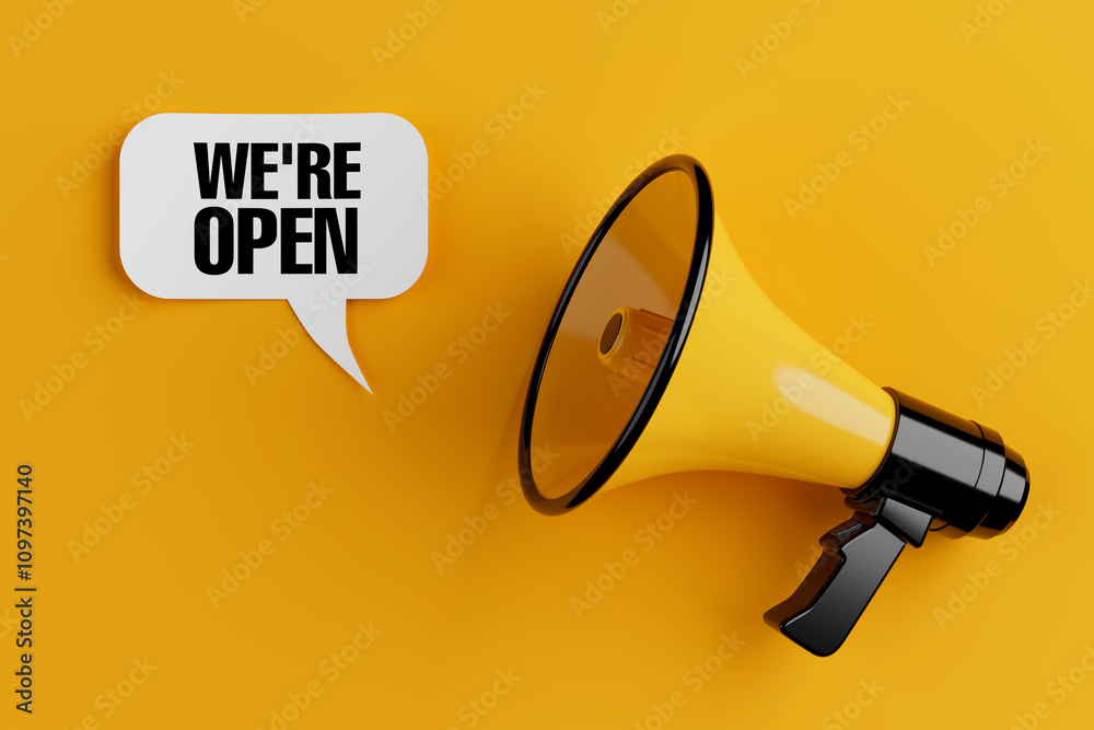 Aufkleber Yellow Megaphone with We Are Open Sign Speech Clouds Chat Bubble. 3d Rendering