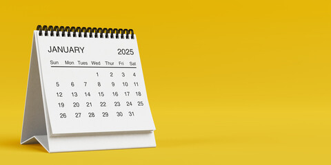 White Desk Monthly January 2025 Business Calendar. 3d Rendering