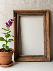 The blank wooden frame features flowers and green plants for decoration.