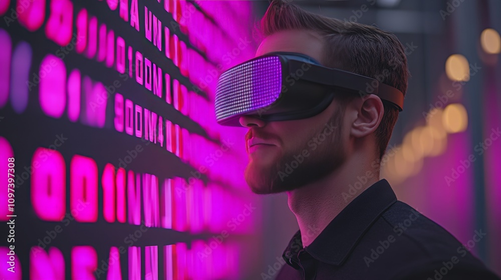 Wall mural man in vr headset immersed in a bright magenta data environment representing virtual reality technol
