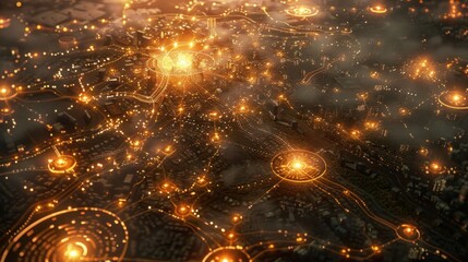 Fototapeta premium Aerial view of a city illuminated by digital connections and energy sources.