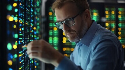 Older man working on illuminated servers in a dark environment showcasing technical expertise network infrastructure and professional focus in a futuristic data driven setting