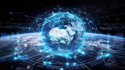 Obraz premium A digital representation of Earth surrounded by a network of data connections and technology.