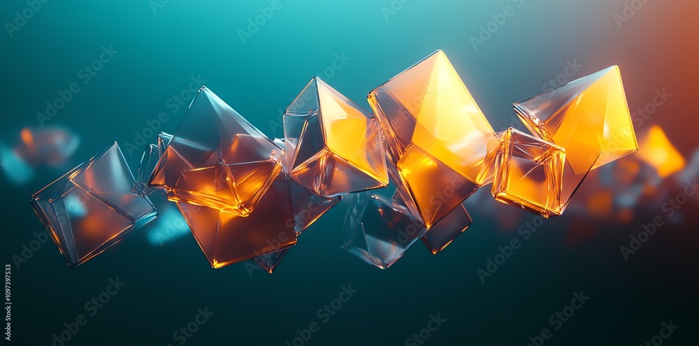 Poster A dynamic composition of translucent geometric shapes with glowing edges.