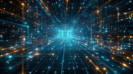 Naklejka premium A futuristic digital tunnel with glowing particles and lines representing data flow.