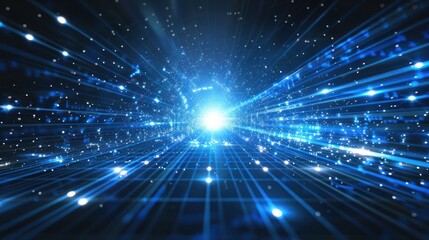 Naklejka premium A vibrant blue light burst creates a sense of depth and motion, evoking a cosmic feel.