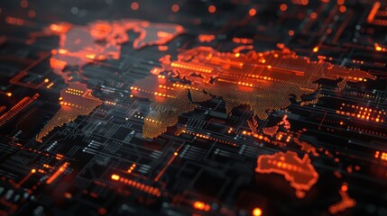 Obraz premium A digital map of the world with circuit patterns and glowing elements, symbolizing technology.