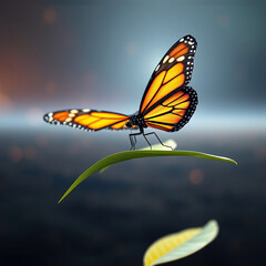 Obraz premium Delicate monarch butterfly on a leaf with contrasting colors, contrasted colors, nature photography, insect life