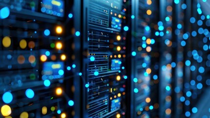 A close-up view of server racks with vibrant lights, showcasing a data center environment.