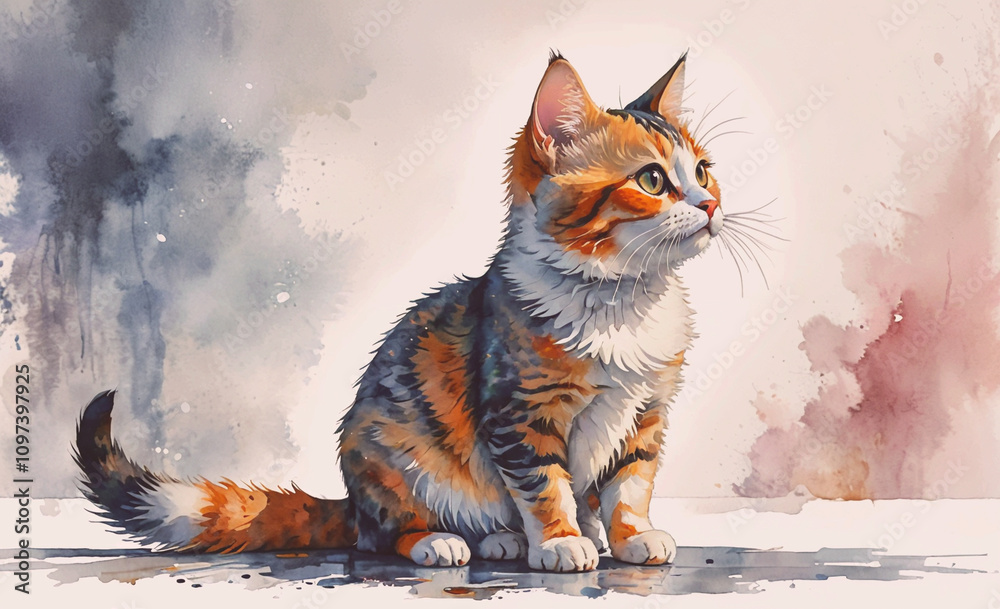 Poster a cat is sitting on a table with its head tilted to the side. the cat is orange and white with black