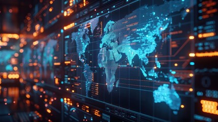 Obraz premium A digital world map with data overlays, representing global connectivity and technology.