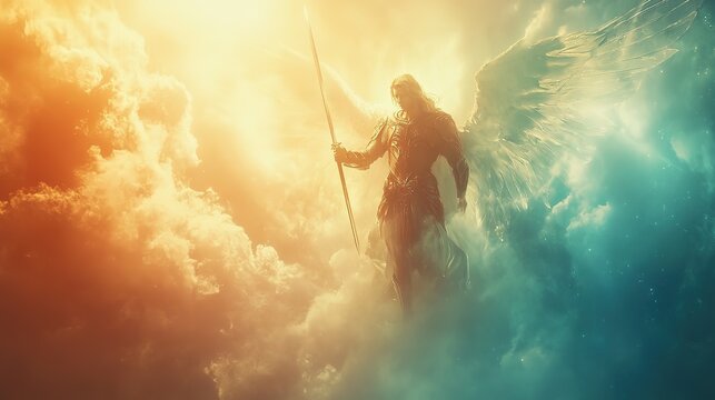 Angelic warrior stands in colorful clouds, holding a spear.
