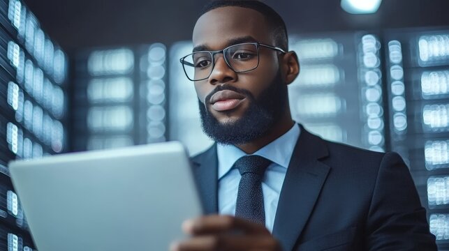 Businessman in a suit holding a tablet in a brightly lit server room symbolizing professionalism digital strategy and corporate IT solutions in a high tech setting - Powered by Adobe