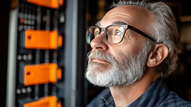 Older man with glasses gazing thoughtfully in a dimly lit server room symbolizing experience IT expertise and innovation in a data driven workspace