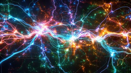 A vibrant abstract representation of neural connections and data flow.