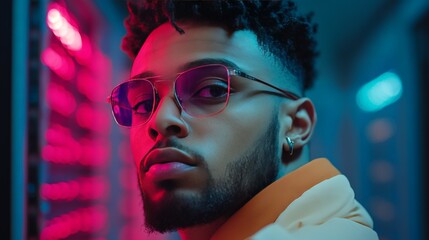 Man with glasses in a futuristic server room with glowing blue lights symbolizing focus innovation and advanced technological precision in a sleek digital workspace