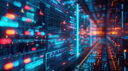 A digital representation of data flow and analytics in a futuristic environment.