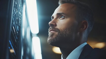 Confident businessman in a suit inspecting servers in a sleek high tech environment symbolizing professionalism IT management and advanced data strategy