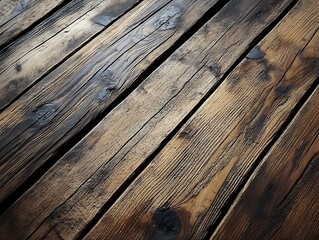 Obraz premium Aged wood texture with a rough surface and deep grain lines in various shades of brown and black, showcasing natural imperfections and rustic characteristics.