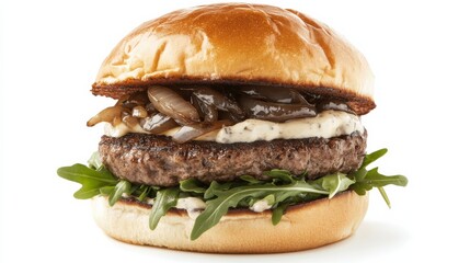 A gourmet truffle burger with caramelized onions, arugula, and truffle aioli on a brioche bun