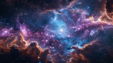 Naklejka premium A stunning cosmic scene depicting vibrant nebulae and stars in a colorful galaxy.