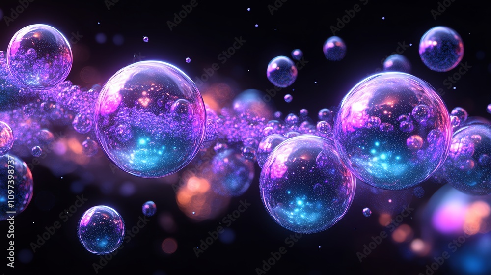 Poster a vibrant depiction of colorful bubbles in a cosmic-like space.