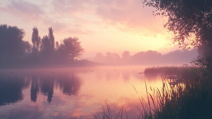 Obraz premium Misty Sunrise over Calm Lake: Serene Nature Photography