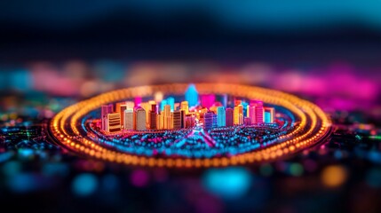 Obraz premium Smart City Innovation: A vibrant, futuristic cityscape encircled by a glowing digital ring, symbolizing technological advancement and urban development. 