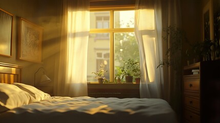 Sunlit Bedroom: A Serene Morning in a Cozy Interior