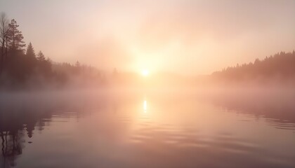 Fototapeta premium An abstract background featuring flowing fog across a calm lake in the early morning