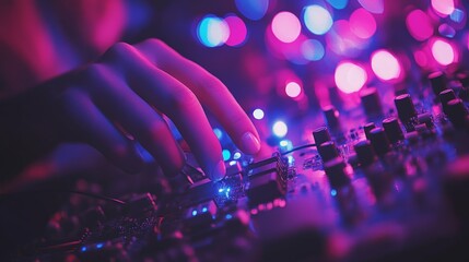 Young man adjusting control panels surrounded by glowing pink and purple tech interfaces symbolizing focus innovation and hands on technological exploration