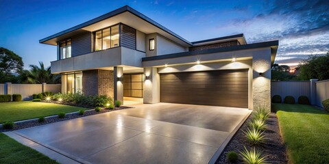 Fototapeta premium Modern house exterior lighting illuminating a concrete driveway and lawn at night, modern, house, exterior, lighting