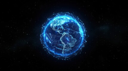 A digital representation of Earth with a network of connections in space.