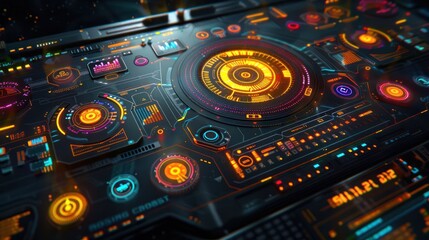 Obraz premium Futuristic control panel with glowing buttons and interactive displays.