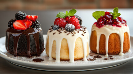 Bundt cake. A trio of decadent mini cakes topped with fresh berries and drizzled with creamy icing, perfect for dessert lovers.