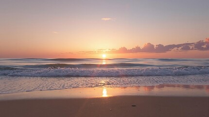 Gentle ocean waves on a calm beach at sunrise, sky, wave, sunrise